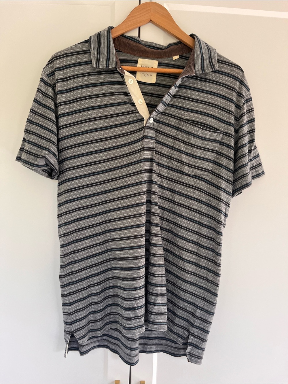 Billy Reid Gray, Blue and Black Striped Pensacola Polo
